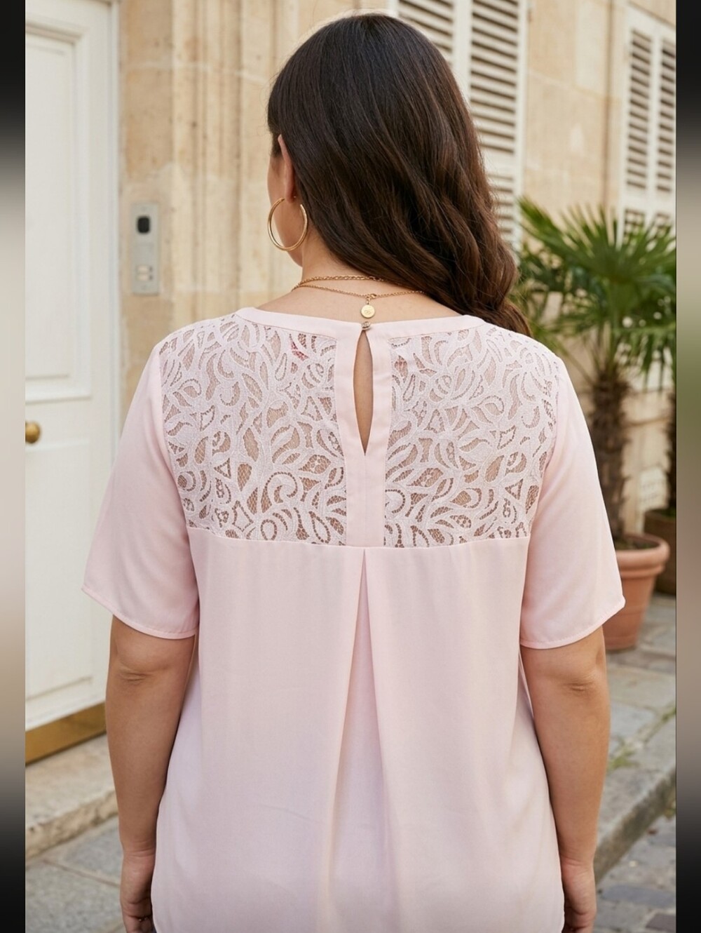 Vince Camuto Pink Lace Back Short Sleeve Top